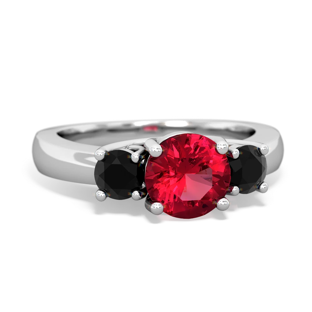 Lab Ruby Three Stone Round Trellis 14K White Gold ring R4018