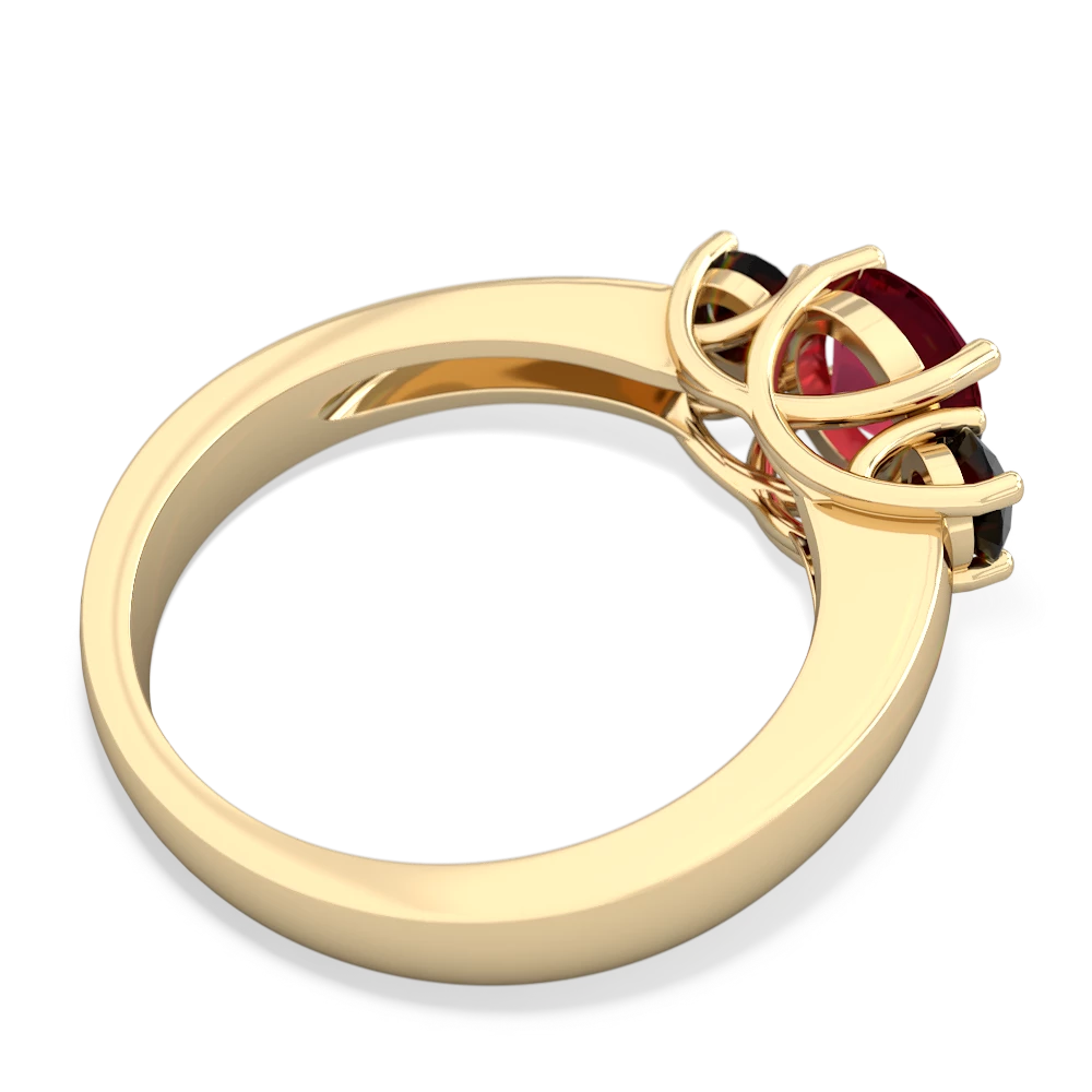 Lab Ruby Three Stone Round Trellis 14K Yellow Gold ring R4018