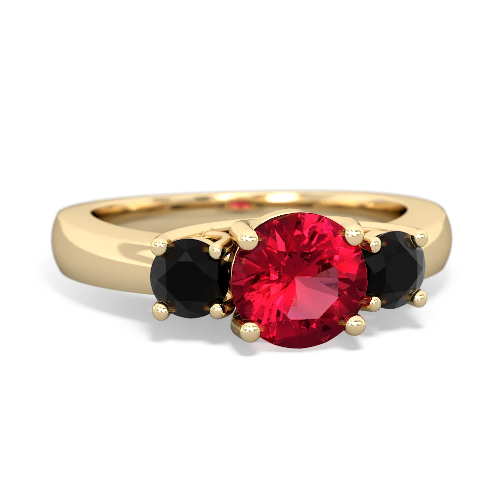 Lab Ruby Three Stone Round Trellis 14K Yellow Gold ring R4018