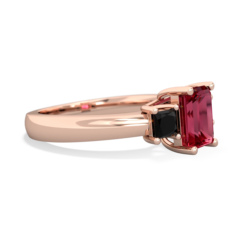 Lab Ruby Three Stone Emerald-Cut Trellis 14K Rose Gold ring R4021