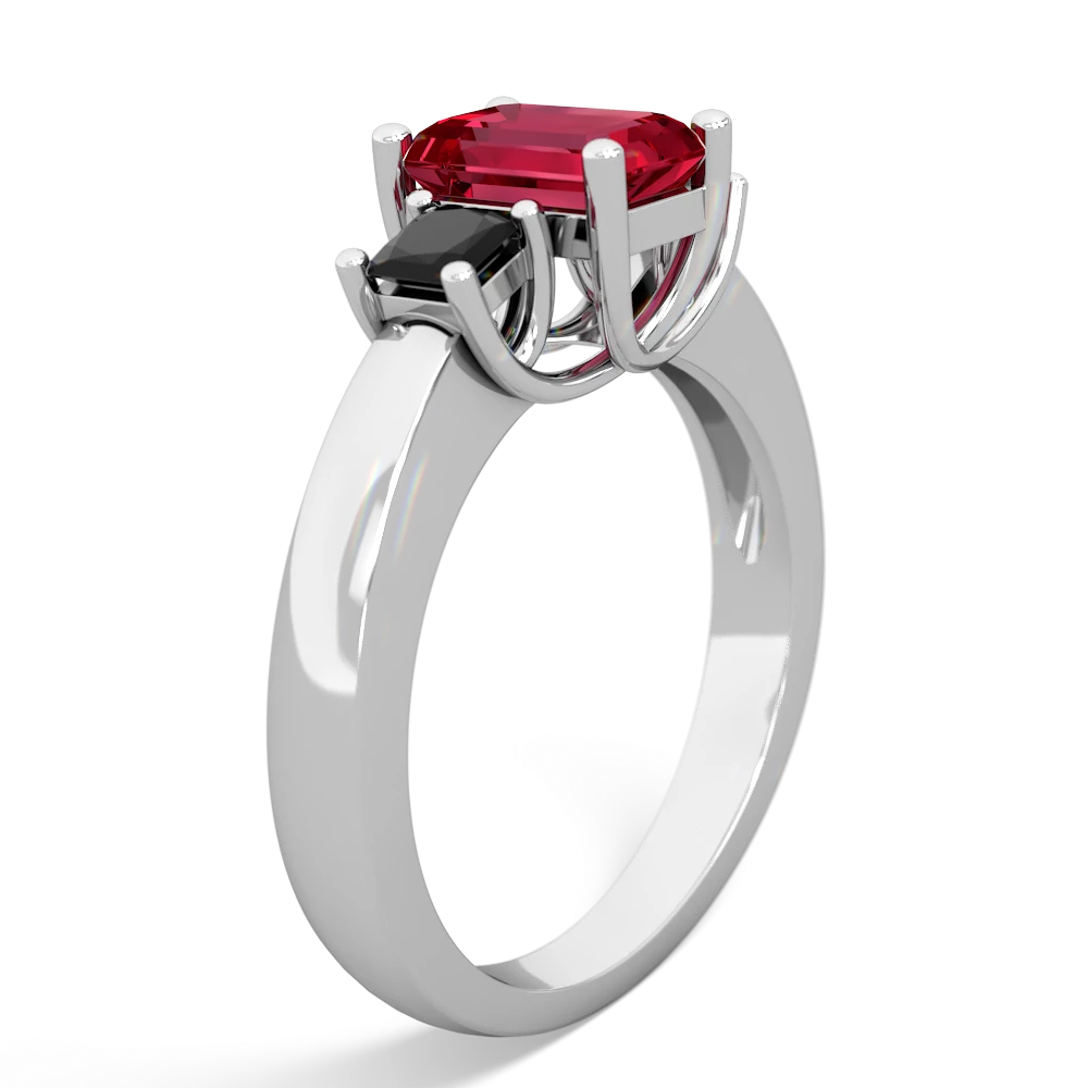 Lab Ruby Three Stone Emerald-Cut Trellis 14K White Gold ring R4021