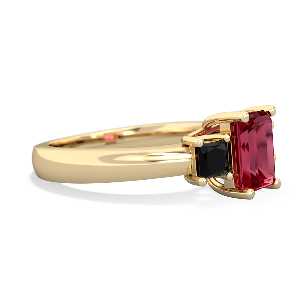 Lab Ruby Three Stone Emerald-Cut Trellis 14K Yellow Gold ring R4021