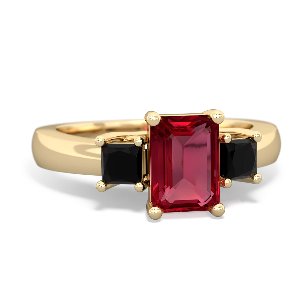 Lab Ruby Three Stone Emerald-Cut Trellis 14K Yellow Gold ring R4021