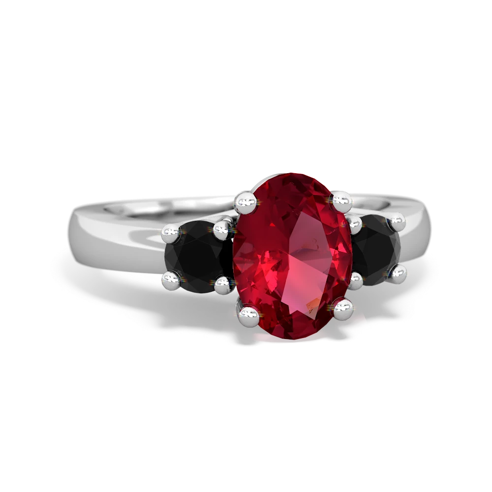 Lab Ruby Three Stone Oval Trellis 14K White Gold ring R4024