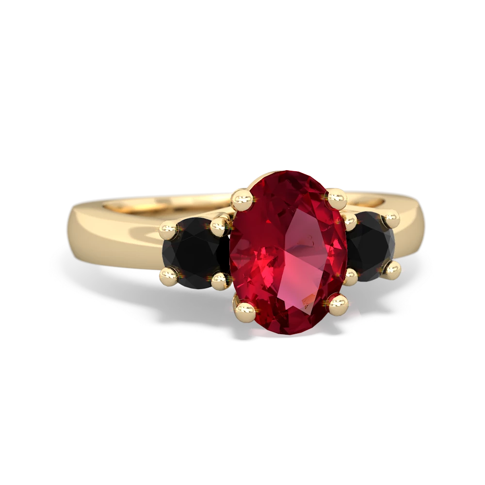 Lab Ruby Three Stone Oval Trellis 14K Yellow Gold ring R4024