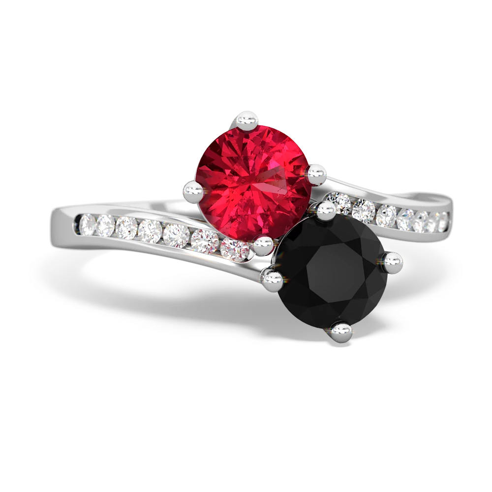 Lab Ruby Onyx Channel Set Two Stone ring 14K White Gold JewelsForMe