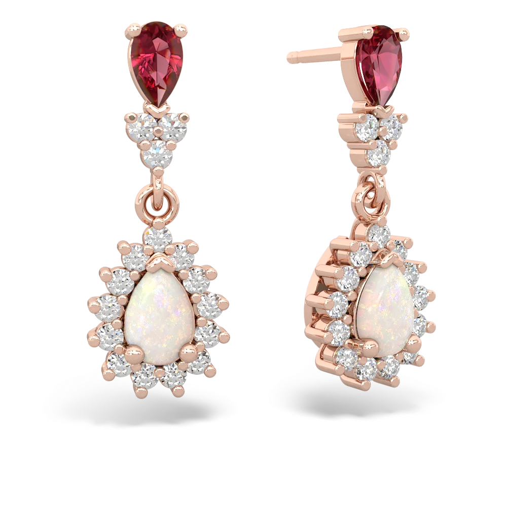 Lab Ruby Halo Pear Dangle 14K Rose Gold earrings E1882