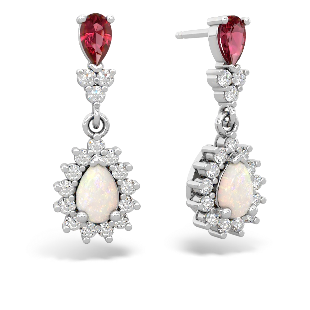 Lab Ruby Halo Pear Dangle 14K White Gold earrings E1882