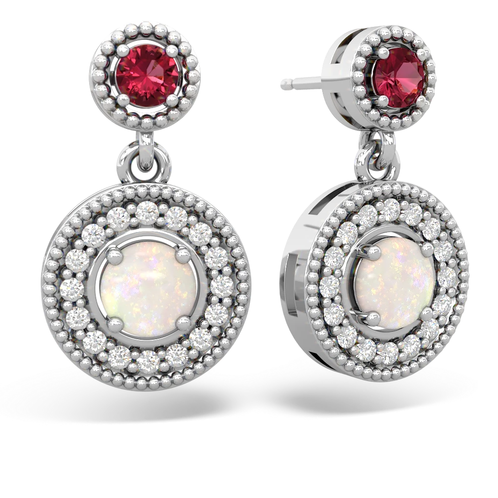 Lab Ruby Halo Dangle 14K White Gold earrings E5319