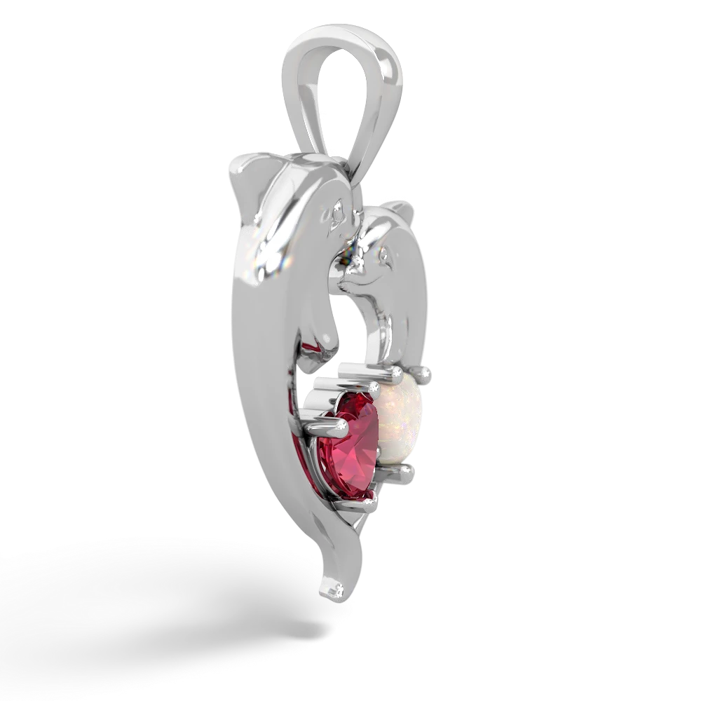 Lab Ruby Dolphin Heart 14K White Gold pendant P5820