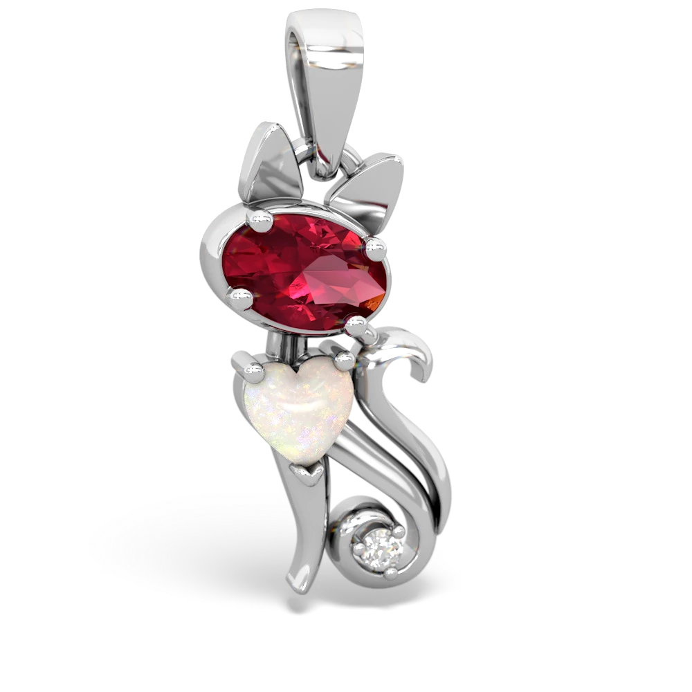 Lab Ruby Kitten 14K White Gold pendant P5780