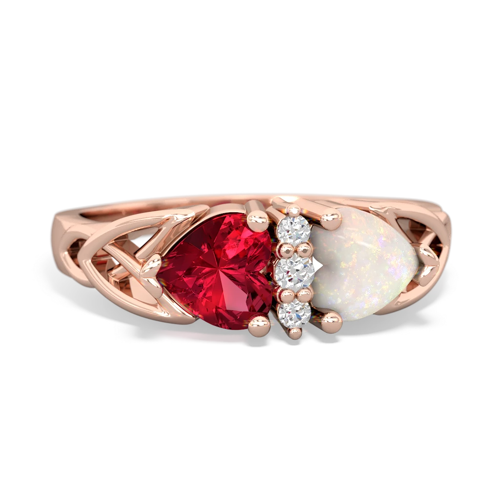 Lab Ruby Celtic Knot Double Heart 14K Rose Gold ring R5040