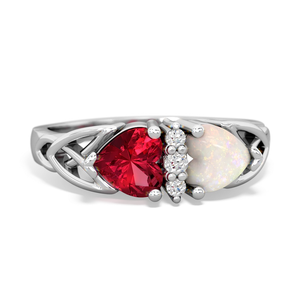 Lab Ruby Celtic Knot Double Heart 14K White Gold ring R5040