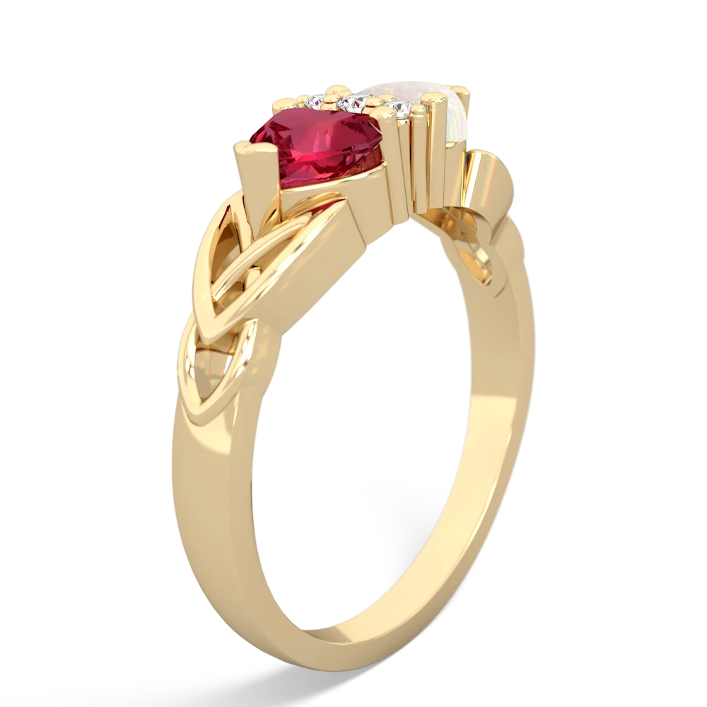 Lab Ruby Celtic Knot Double Heart 14K Yellow Gold ring R5040