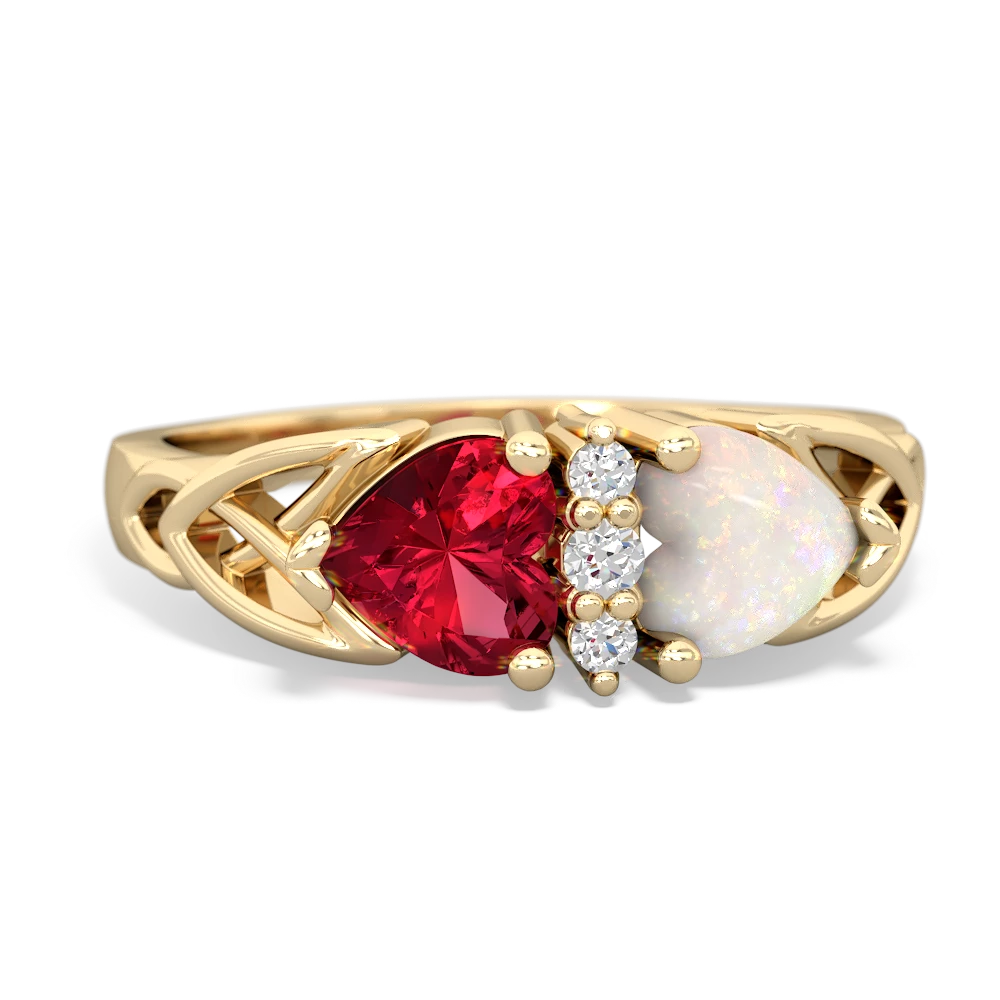 Lab Ruby Celtic Knot Double Heart 14K Yellow Gold ring R5040