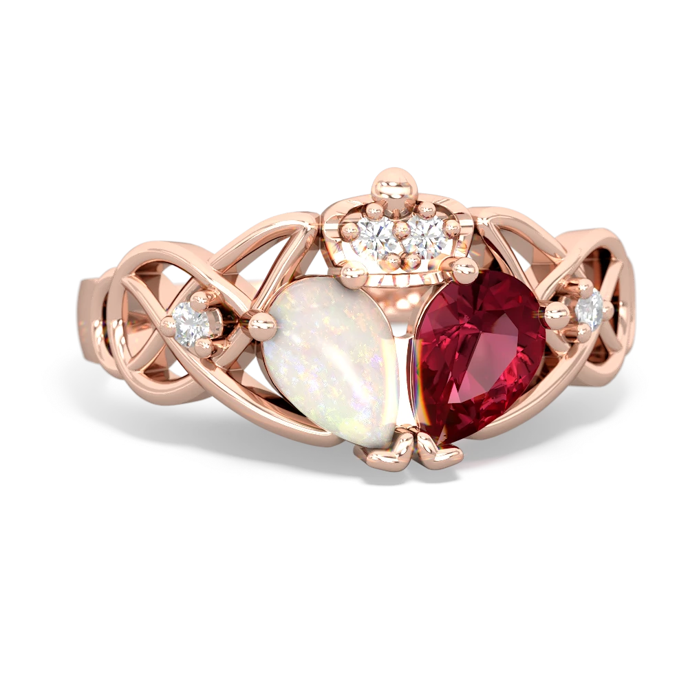 Lab Ruby 'One Heart' Celtic Knot Claddagh 14K Rose Gold ring R5322