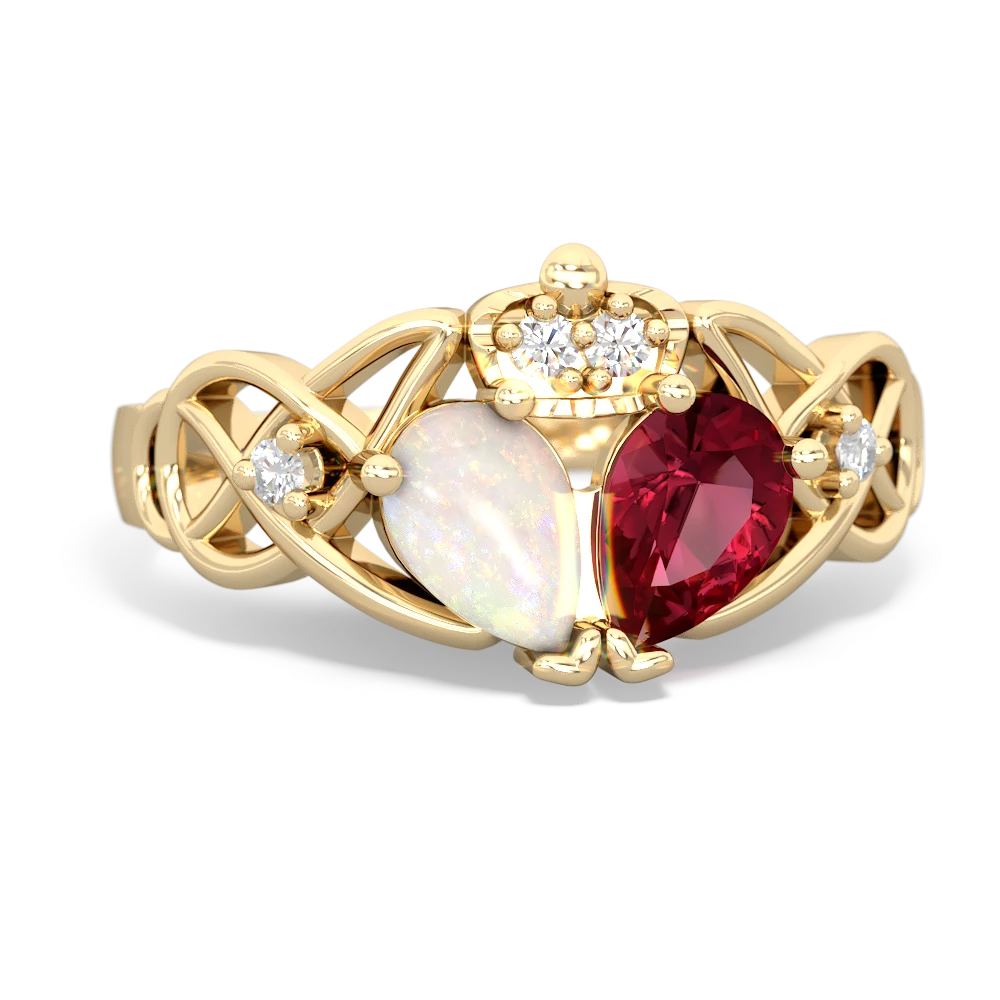 Lab Ruby 'One Heart' Celtic Knot Claddagh 14K Yellow Gold ring R5322