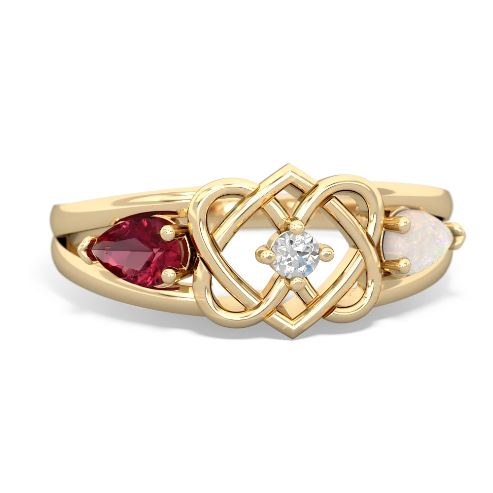 Lab Ruby Hearts Intertwined 14K Yellow Gold ring R5880