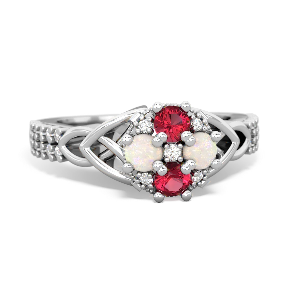 Lab Ruby Celtic Knot Cluster Engagement 14K White Gold ring R26443RD