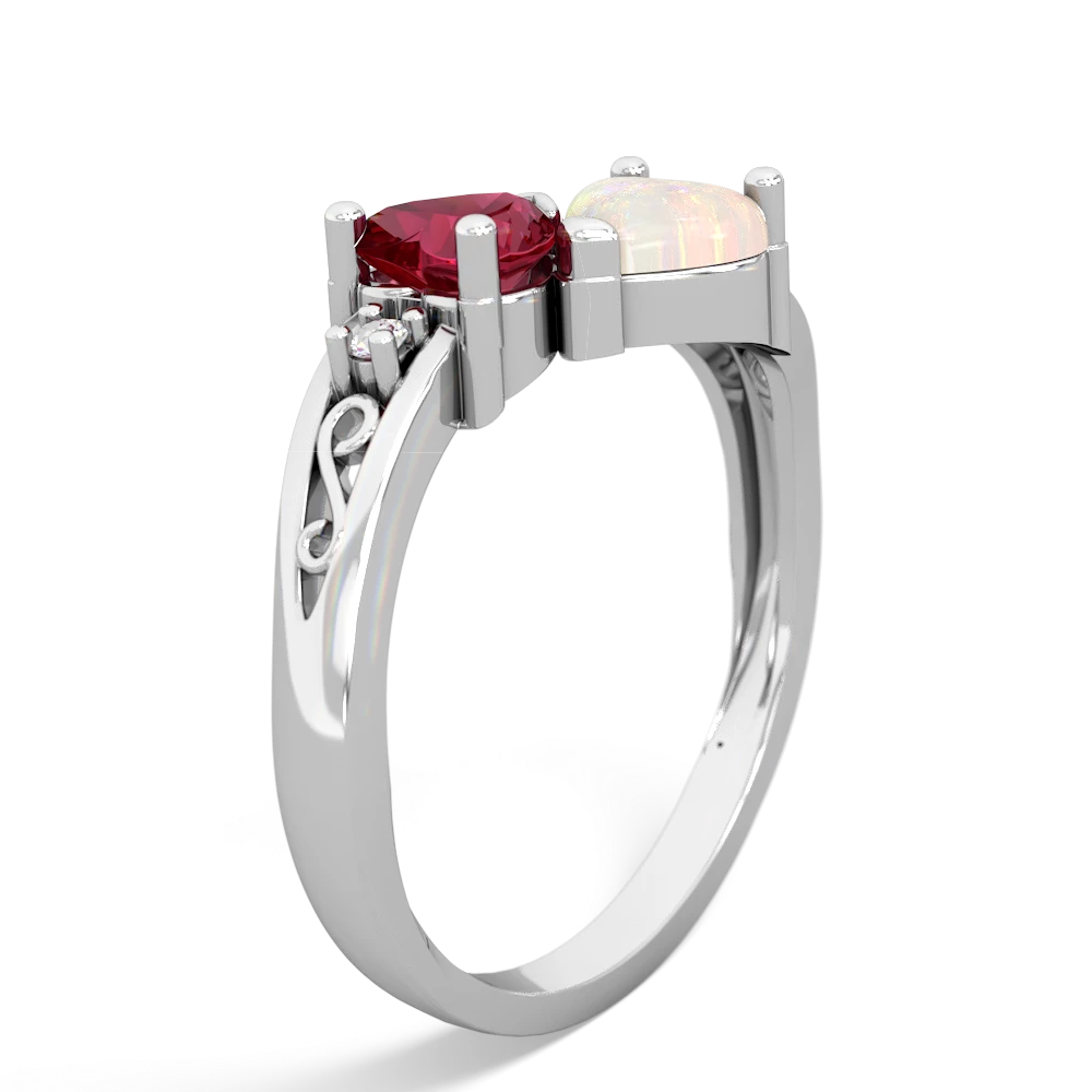 Lab Ruby Snuggling Hearts 14K White Gold ring R2178