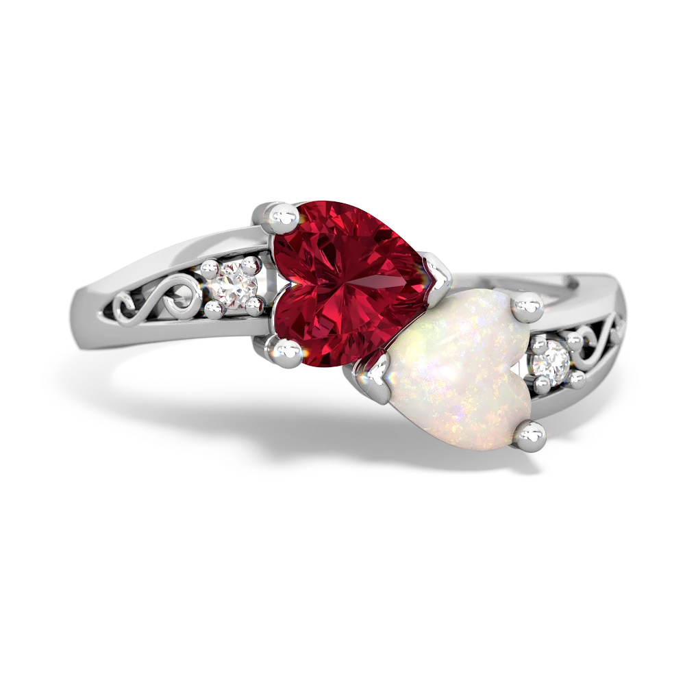 Lab Ruby Snuggling Hearts 14K White Gold ring R2178