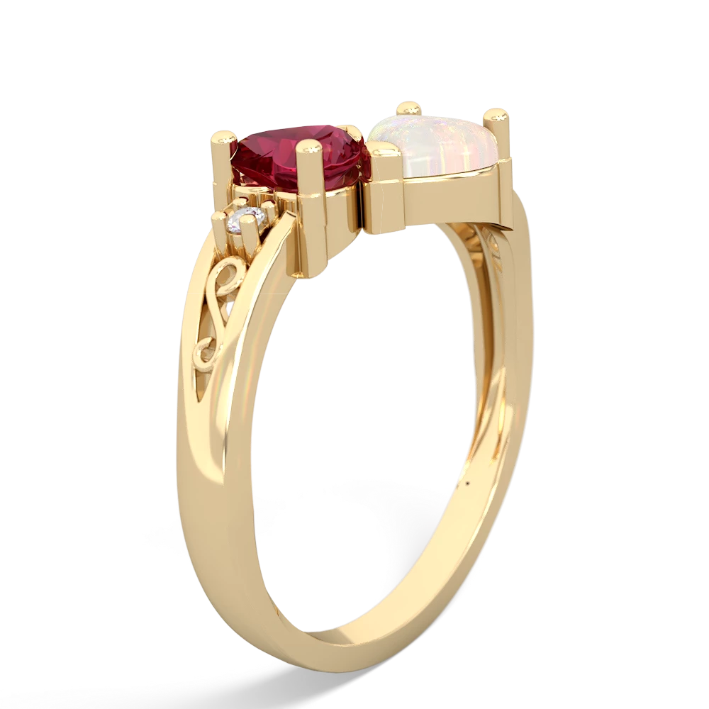 Lab Ruby Snuggling Hearts 14K Yellow Gold ring R2178