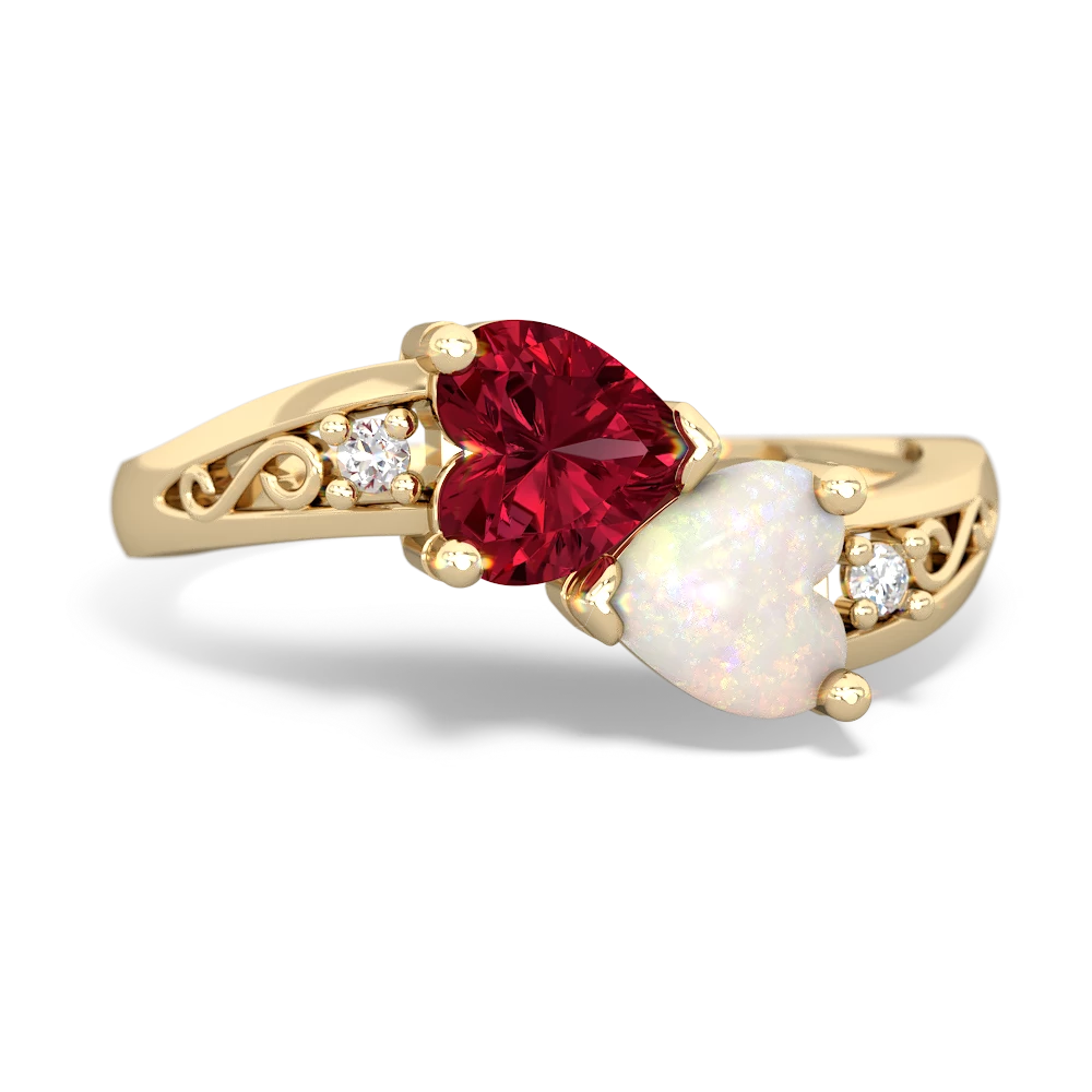 Lab Ruby Snuggling Hearts 14K Yellow Gold ring R2178