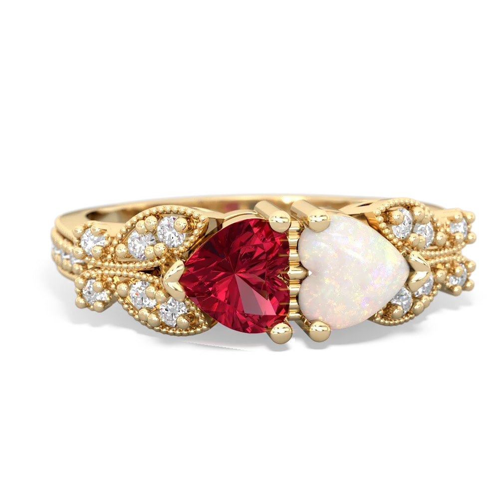 Lab Ruby Diamond Butterflies 14K Yellow Gold ring R5601