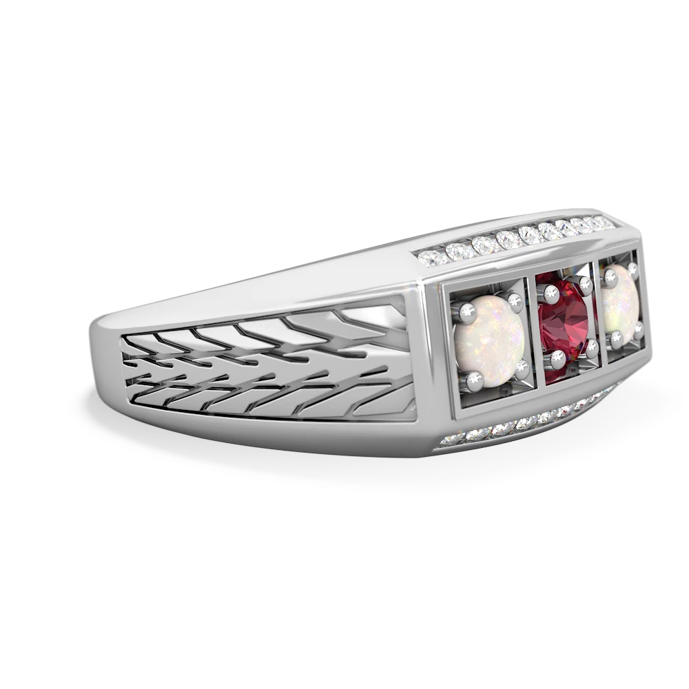 Lab Ruby Three Stone Tire Tread Men's 14K White Gold ring R0520