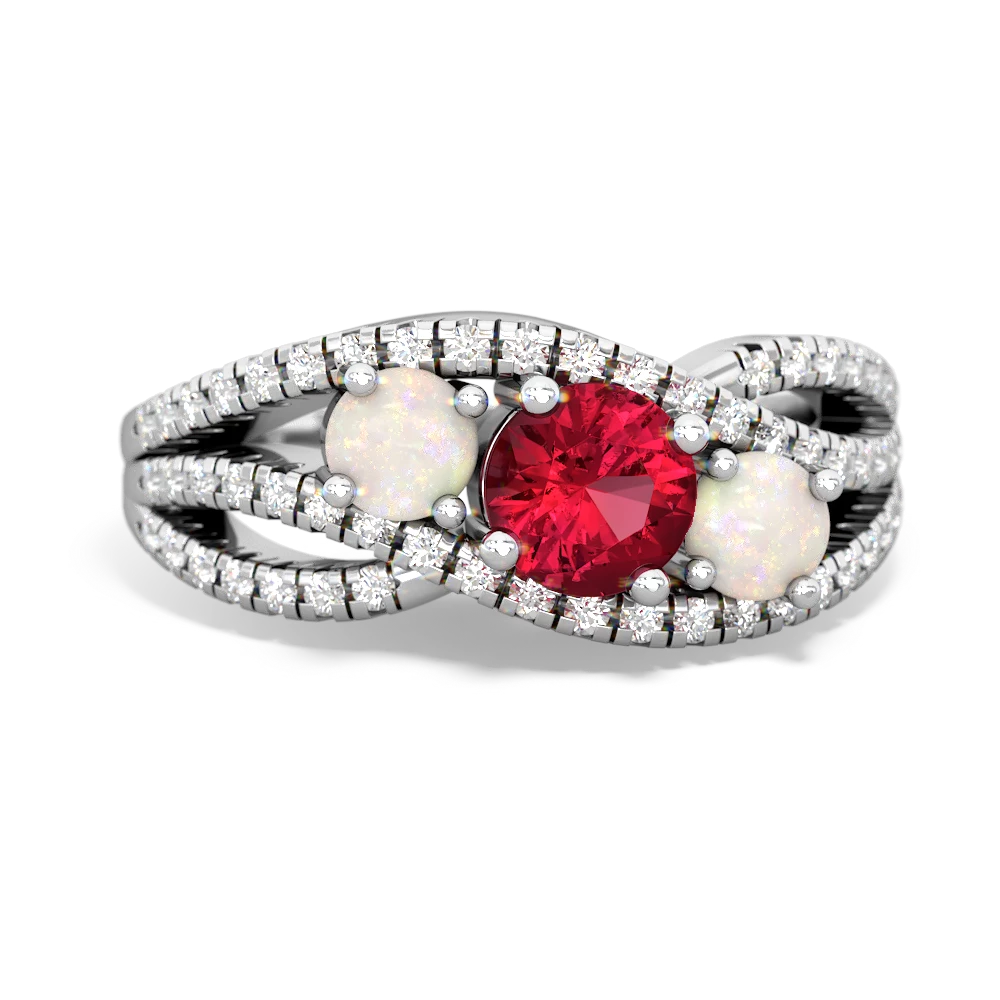 Lab Ruby Three Stone Aurora 14K White Gold ring R3080