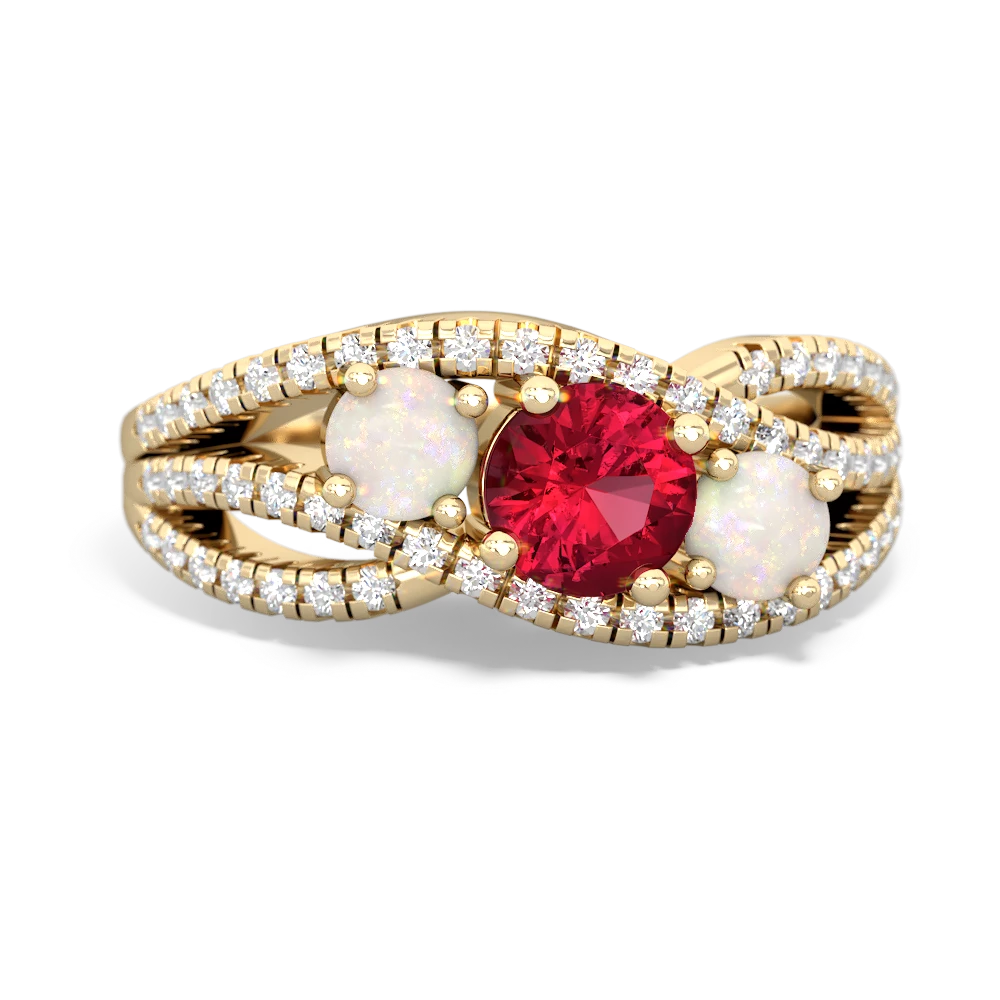 Lab Ruby Three Stone Aurora 14K Yellow Gold ring R3080