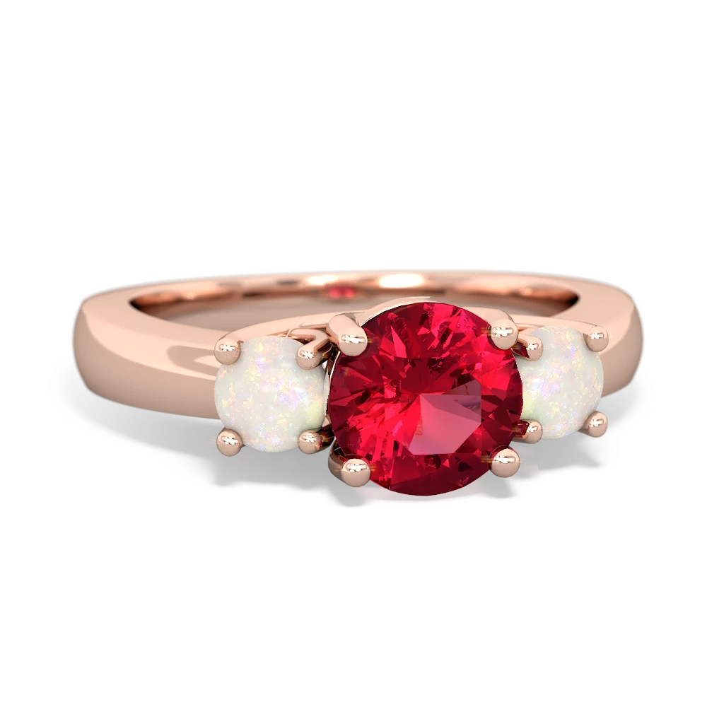 Lab Ruby Three Stone Round Trellis 14K Rose Gold ring R4018