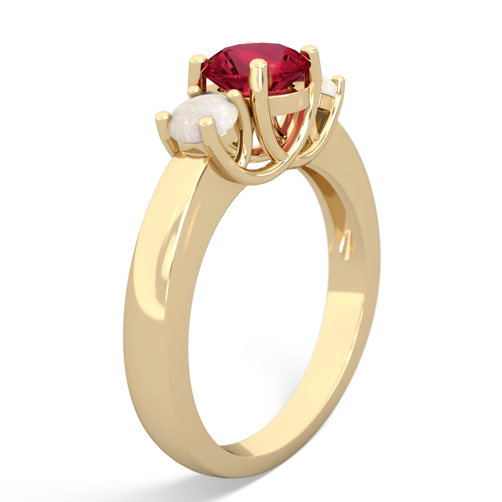 Lab Ruby Three Stone Round Trellis 14K Yellow Gold ring R4018