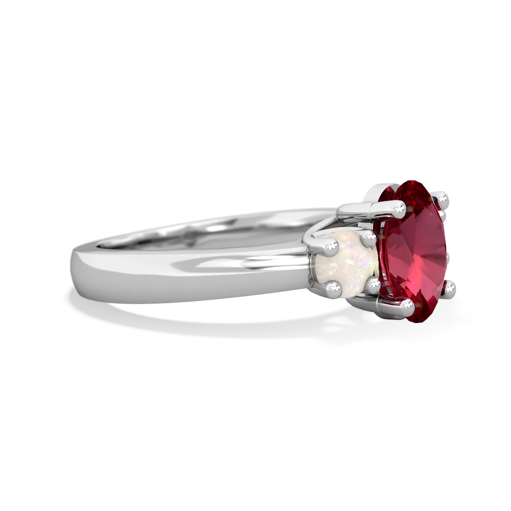 Lab Ruby Three Stone Oval Trellis 14K White Gold ring R4024