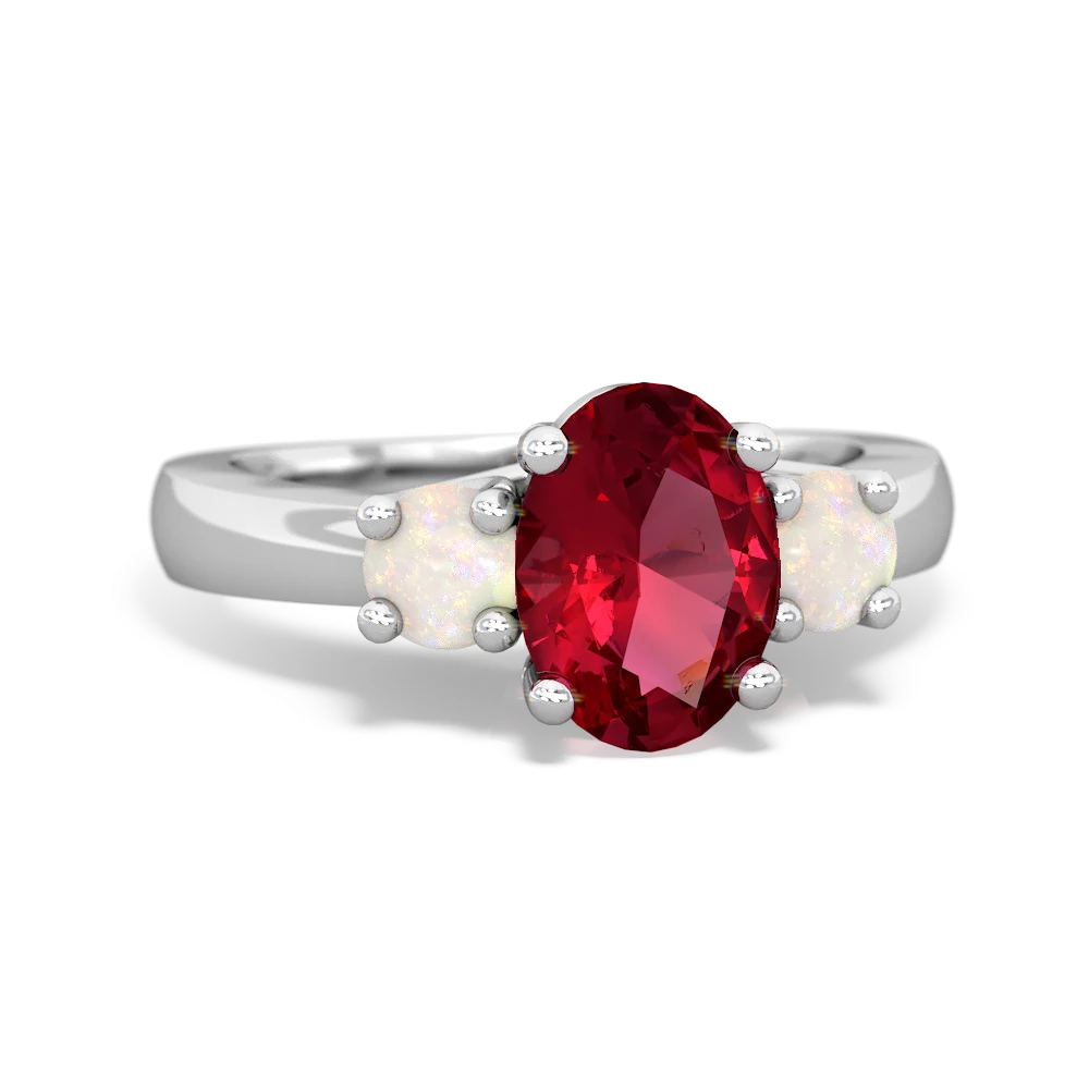 Lab Ruby Three Stone Oval Trellis 14K White Gold ring R4024