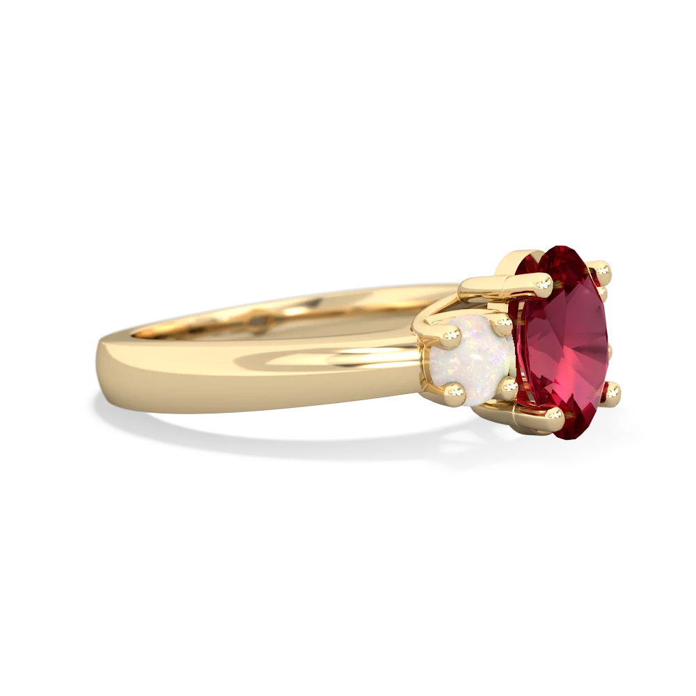 Lab Ruby Three Stone Oval Trellis 14K Yellow Gold ring R4024