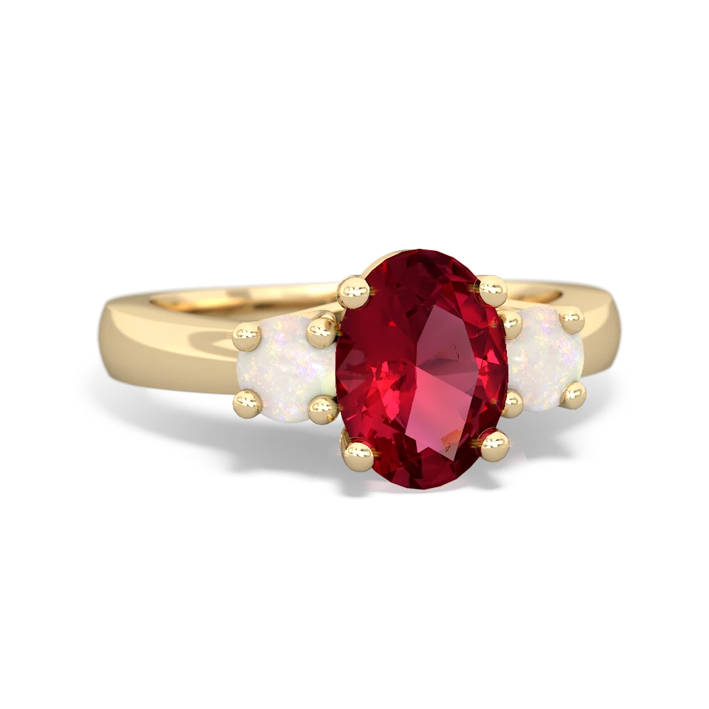 Lab Ruby Three Stone Oval Trellis 14K Yellow Gold ring R4024