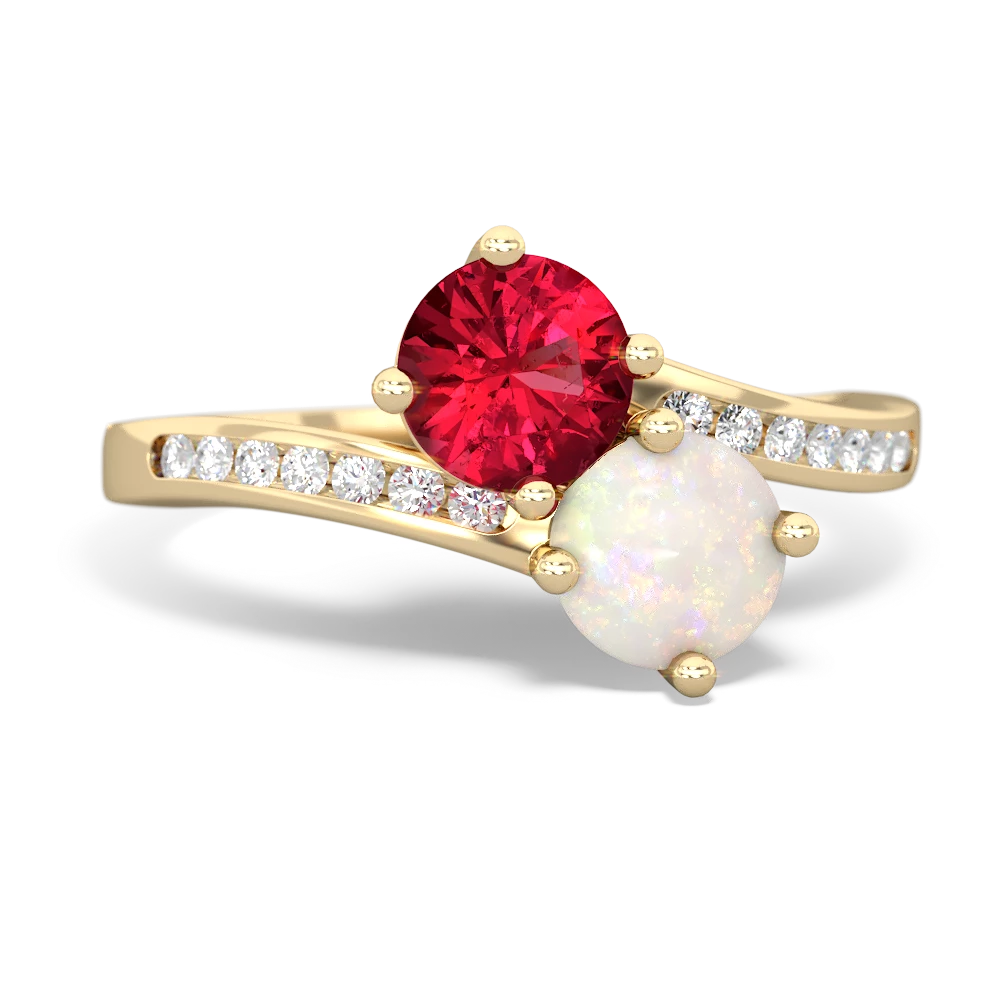 Lab Ruby Channel Set Two Stone 14K Yellow Gold ring R5303