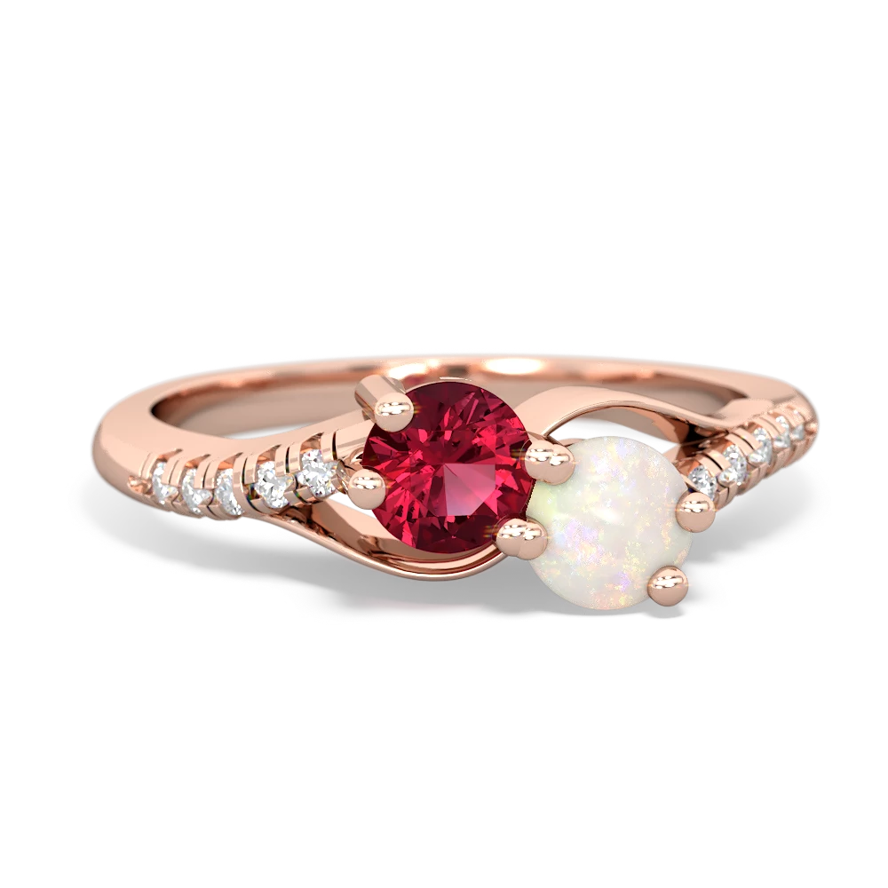 Lab Ruby Infinity Pave Two Stone 14K Rose Gold ring R5285