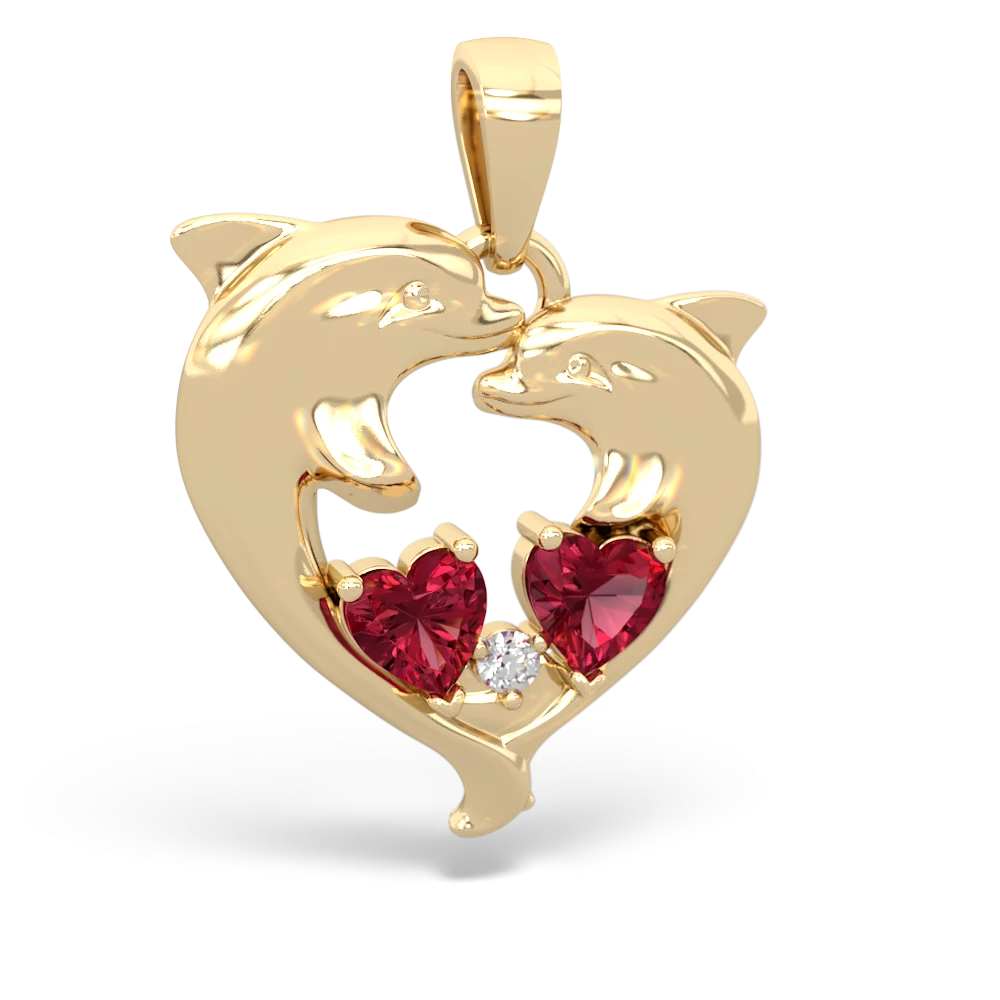 Lab Ruby Dolphin Heart 14K Yellow Gold pendant P5820