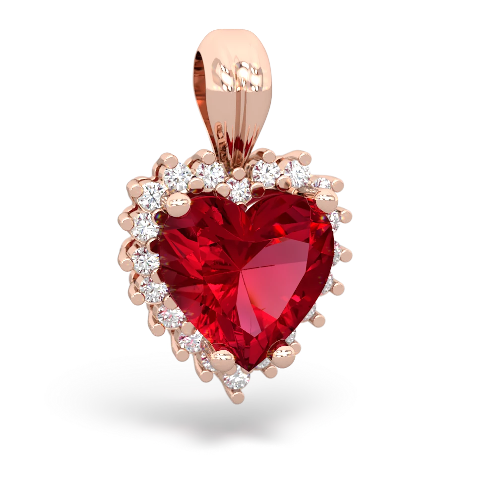 Lab Ruby Sparkling Halo Heart 14K Rose Gold pendant P0391