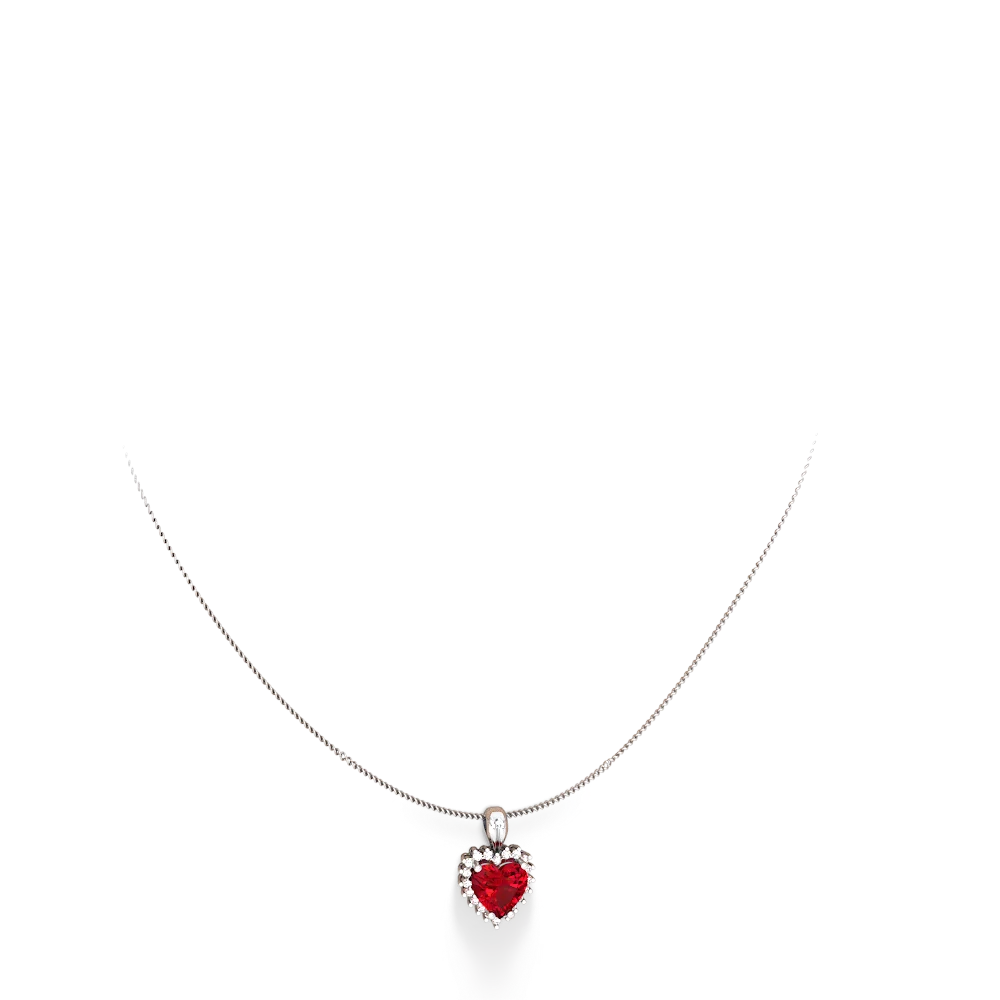 Lab Ruby Sparkling Halo Heart 14K White Gold pendant P0391