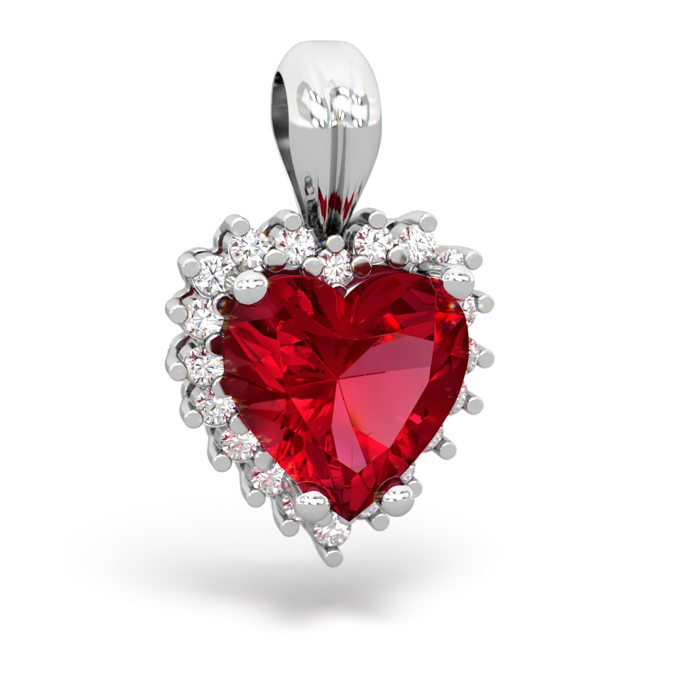 Lab Ruby Sparkling Halo Heart 14K White Gold pendant P0391