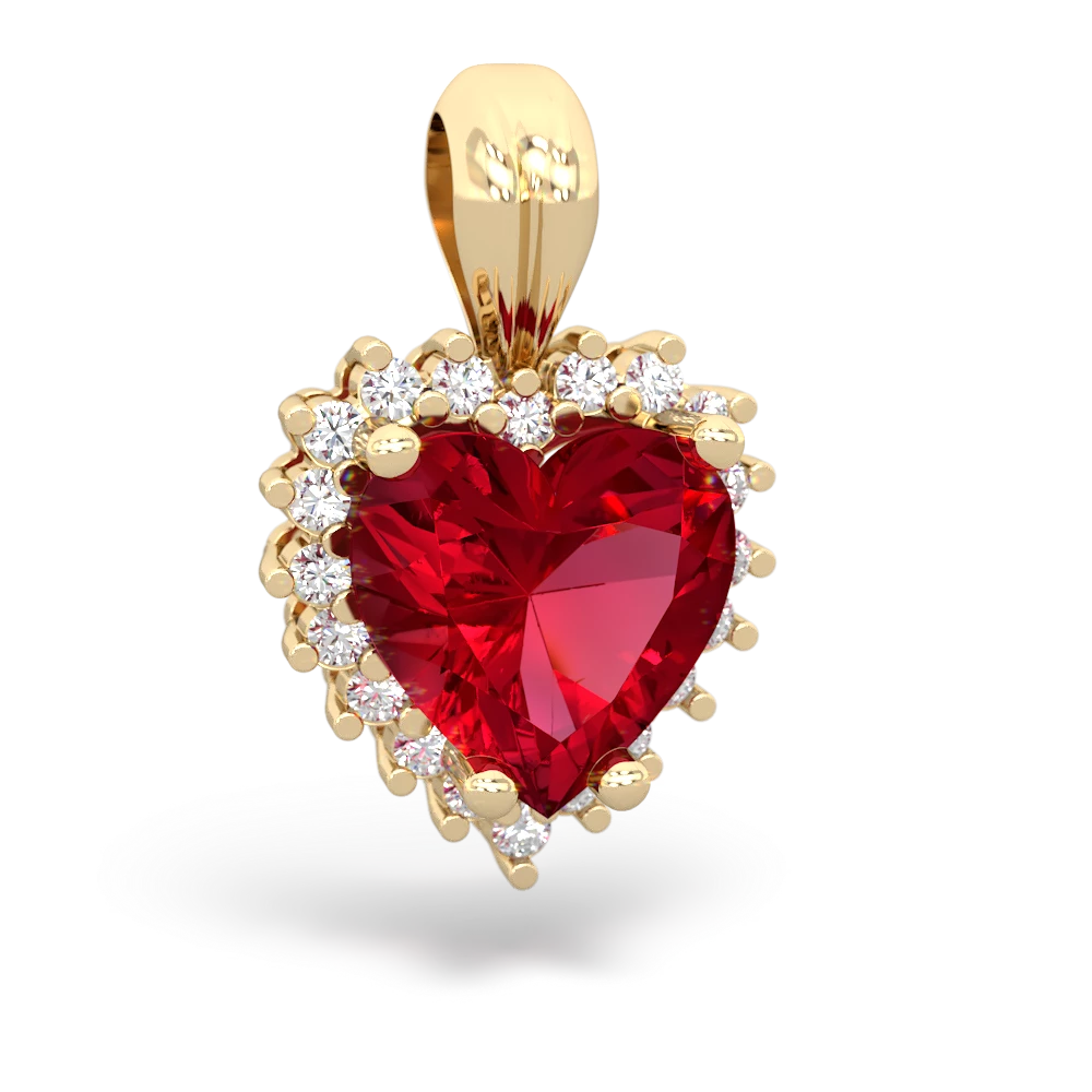 Lab Ruby Sparkling Halo Heart 14K Yellow Gold pendant P0391