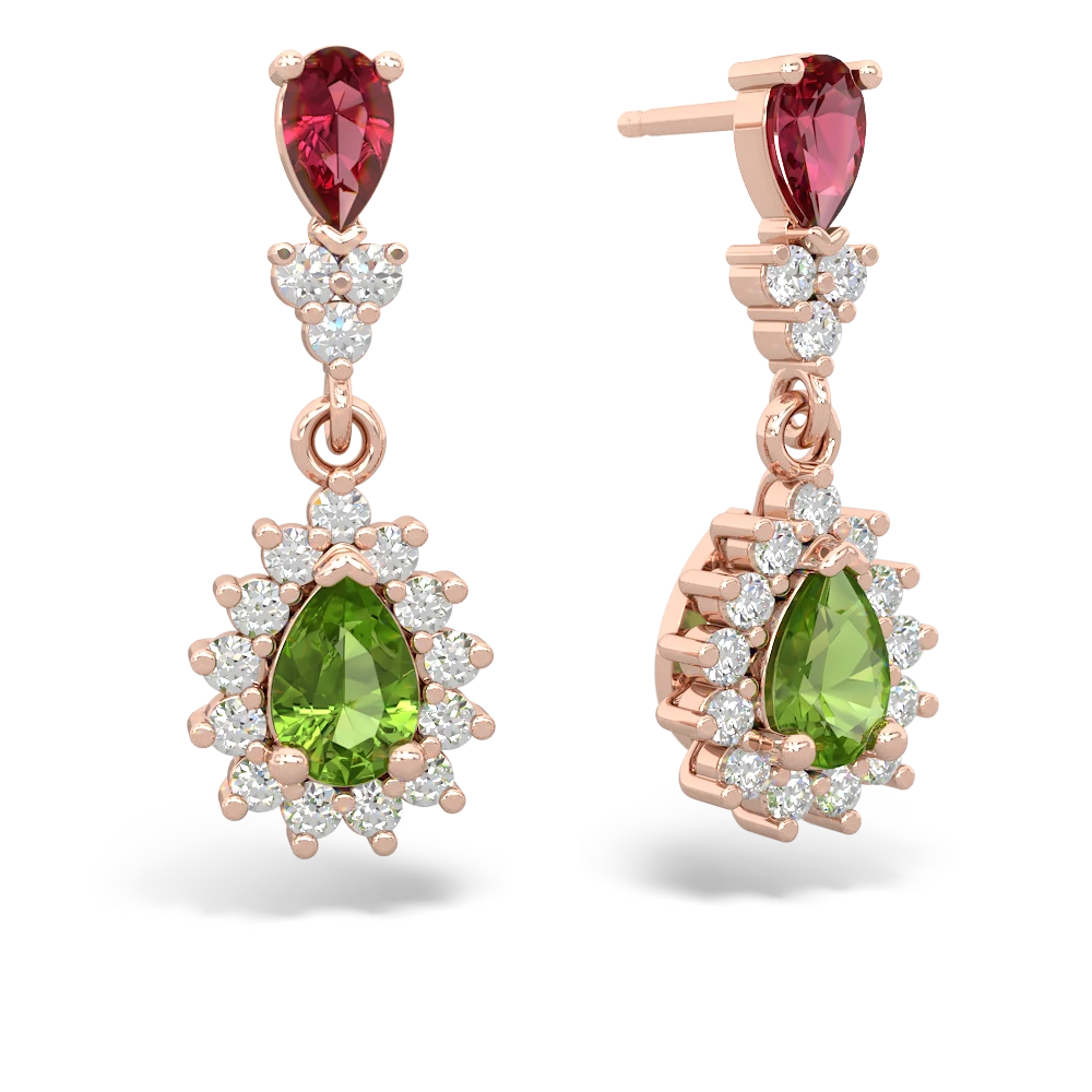 Lab Ruby Halo Pear Dangle 14K Rose Gold earrings E1882