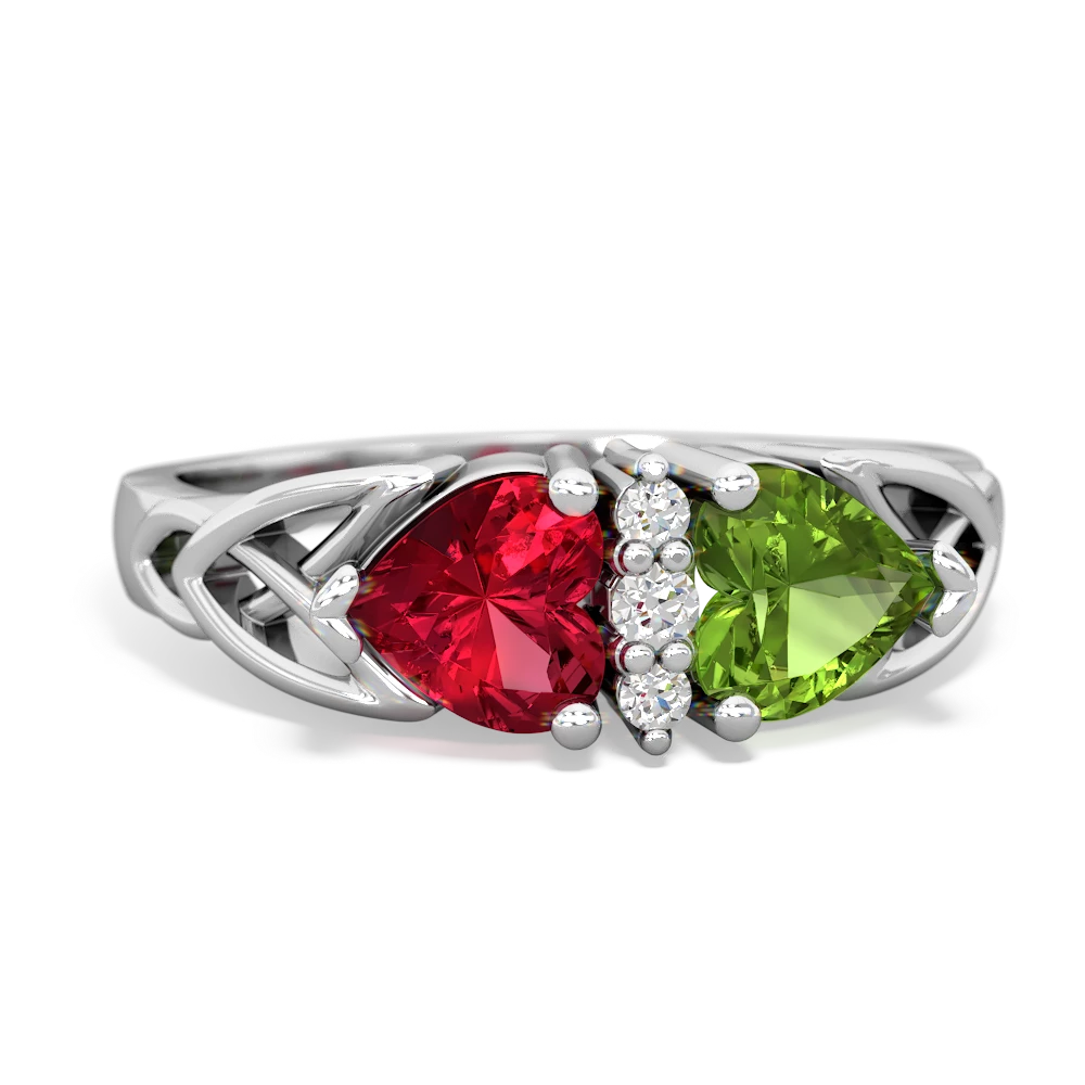 Lab Ruby Celtic Knot Double Heart 14K White Gold ring R5040