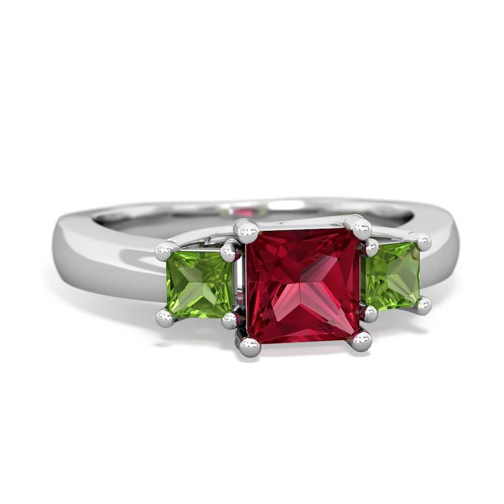 Lab Ruby Three Stone Trellis 14K White Gold ring R4015