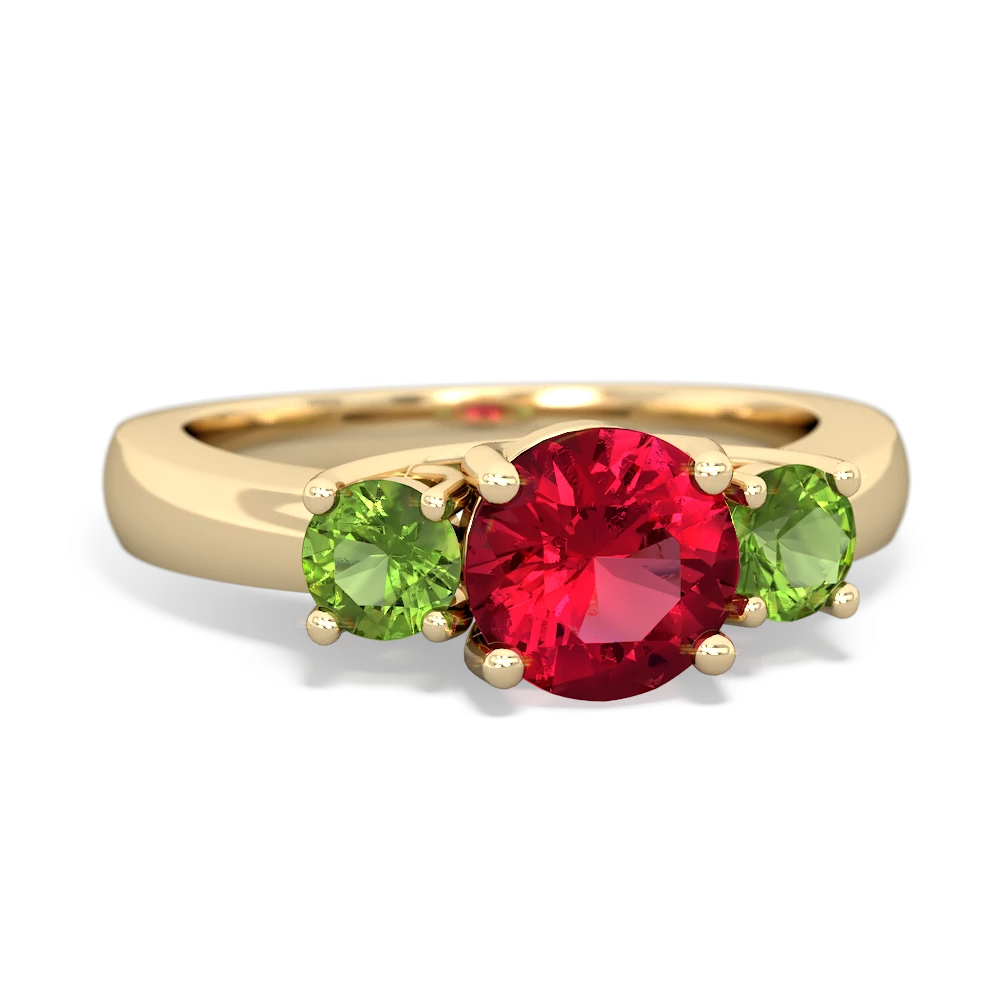 Lab Ruby Three Stone Round Trellis 14K Yellow Gold ring R4018