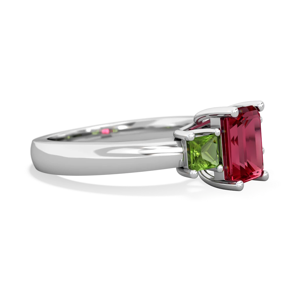 Lab Ruby Three Stone Emerald-Cut Trellis 14K White Gold ring R4021