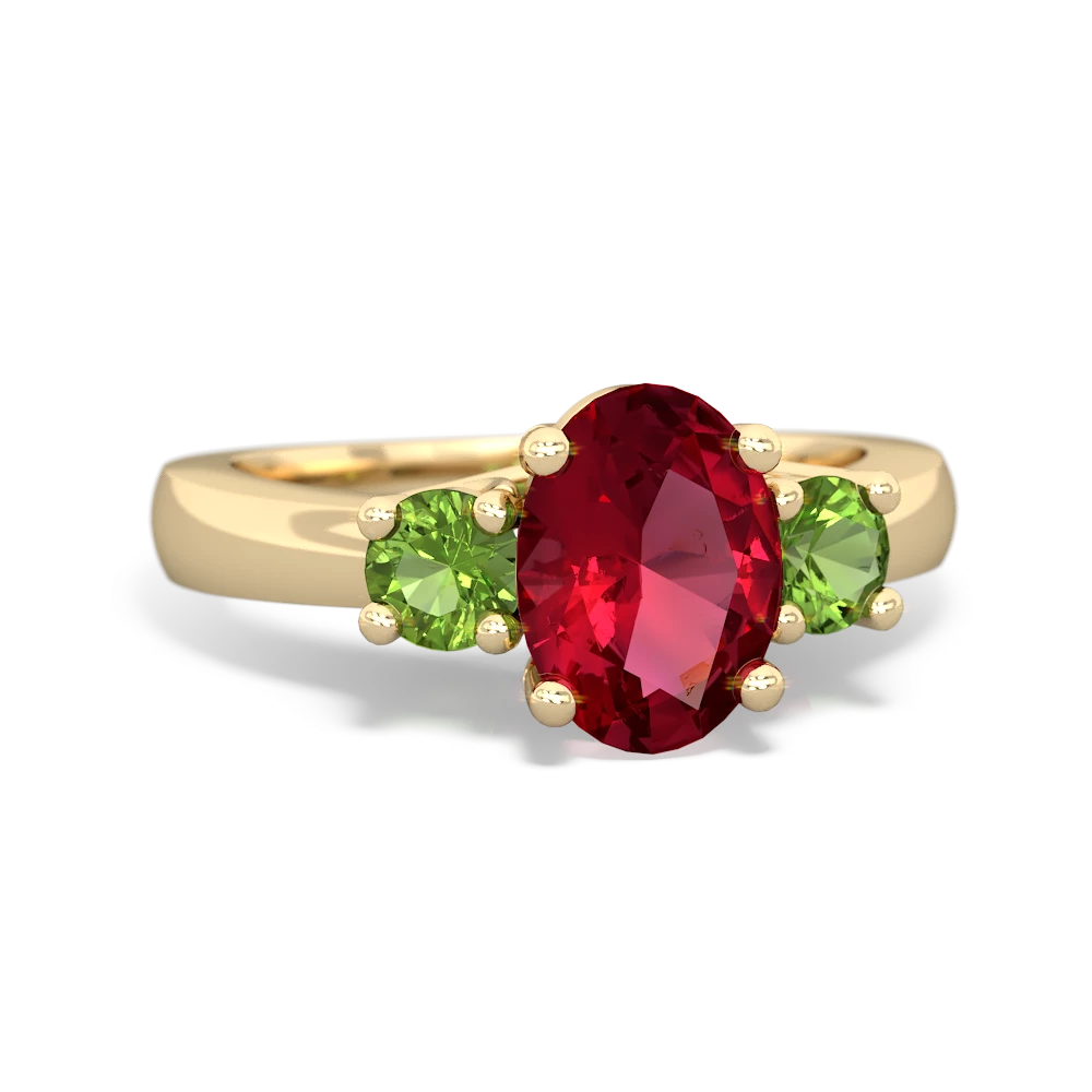 Lab Ruby Three Stone Oval Trellis 14K Yellow Gold ring R4024